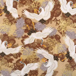 Stoff mit goldenem Hintergrund, weißen Kranichen und goldenen Blumen