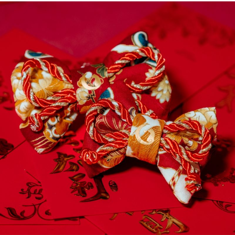 Zwei rote Fliegen mit Pferdemuster und mit roter Glückskordel auf roten chinesischen Geldumschlägen namens Hong Bao