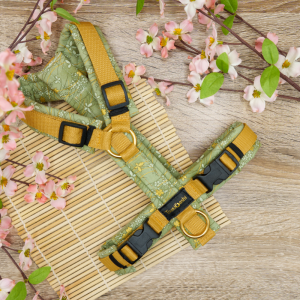 TsukiAshi Baumwoll Y-Geschirr aus einem grünen Stoff mit ummantelten Rückensteg und Brussteg. Die Metalle sind aus Acetal und Messing, das Gurtband is dunkelbeige